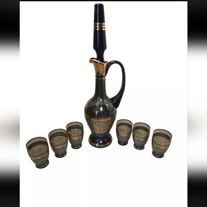 Mid Century Modern Gilt Black Glass Wine Decanter & Six Glasses